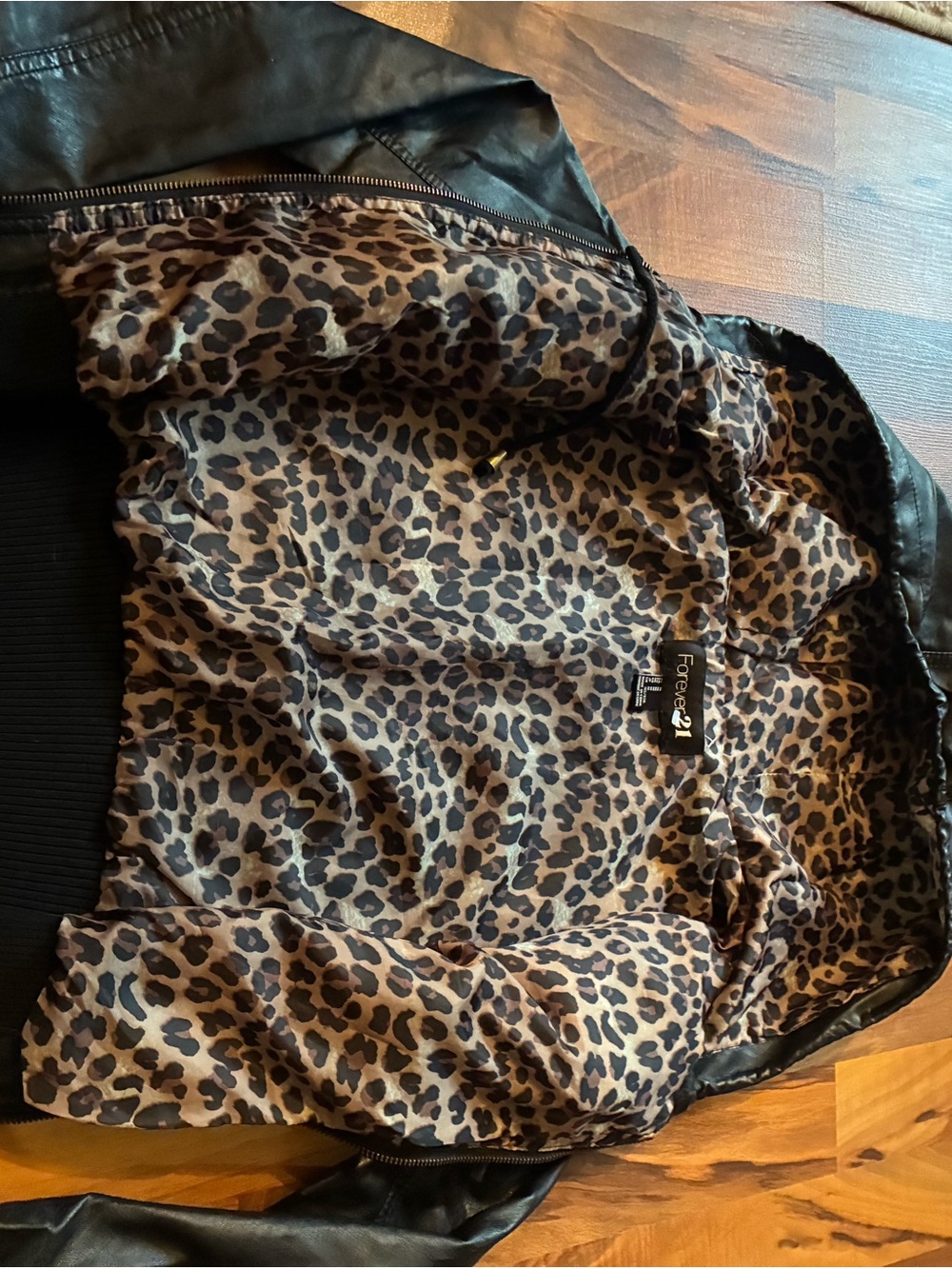 Forever 21 Black Faux Leather Jacket with Leopard-Print Lining